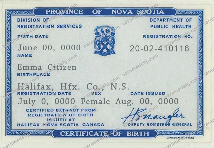 Canada Province of Nova Scotia birth certificate template in PSD format